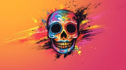 A colorful sugar skull with black splatters and brushstrokes on a gradient background.