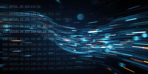 Dynamic animation of binary code and geometric shapes moving swiftly on dark backdrop, programming, computer, futuristic