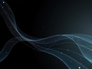 Dynamic digital data animation on black background with flowing lines and geometric shapes, backdrop, interface, binary