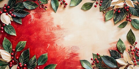 Artistically scattered holiday cards featuring painted magnolia leaves and berries, loose watercolor style, natural arrangement