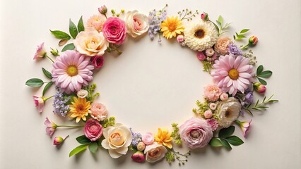 Delicate floral arrangement in a circular frame, with petals of various colors and textures surrounding a central focal point, ornate, colorful, intricate, curved, floral