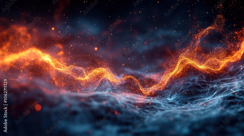 Poster abstract fiery and smoky wave with particles in dark background.