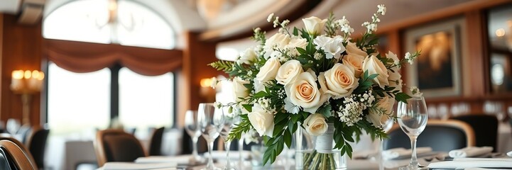 Obraz premium Elegant wedding flowers arrangement on dining table in upscale restaurant, wedding, celebration, decor