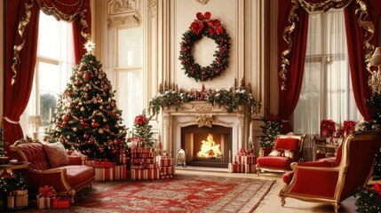 A luxuriously decorated living room for Christmas with a fireplace, a Christmas tree, presents, and a wreath on the wall.