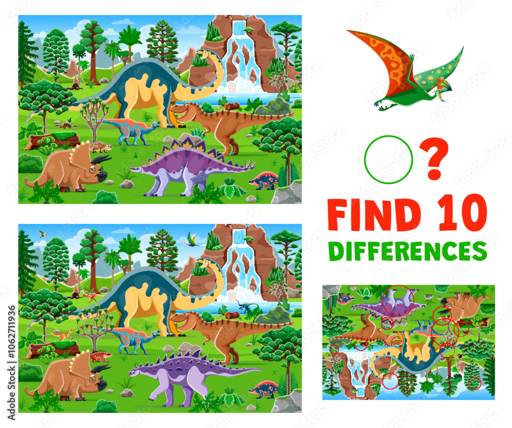 Poster find ten differences between prehistoric dinosaurs. educational game featuring vibrant landscapes wi