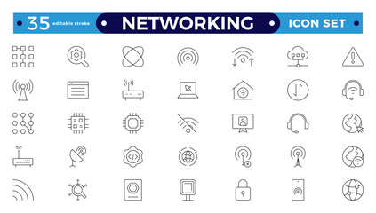 Networking icon set. Connections, relationships, online networking, community, events, and social network icons. computer, network, website, server, web design, hardware. Editable stroke outline icon.