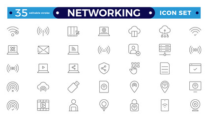 Networking icon set. Connections, relationships, online networking, community, events, and social network icons. computer, network, website, server, web design, hardware. Editable stroke outline icon.