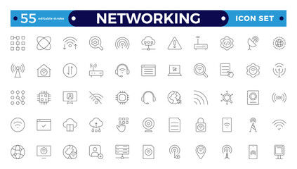 Networking icon set. Connections, relationships, online networking, community, events, and social network icons. computer, network, website, server, web design, hardware. Editable stroke outline icon.