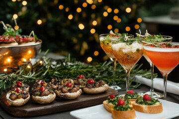 Fototapeta premium A chic table setting featuring elegant appetizers like bruschetta,