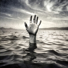 hand in water. hand, sky, help, palm, finger, hands, fingers, water, concept, drowning, sun, people, sea, arm, silhouette, gesture, light, drown, blue, rescue, person, reaching, black, thumb, life