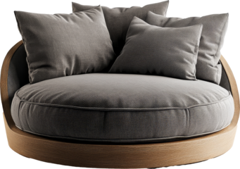 Round grey cushioned armchair with wooden base, minimalist furniture design concept