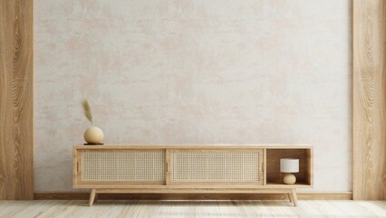 Mockup concrete wall background,Modern living room decor with a tv cabinet- 3D rendering