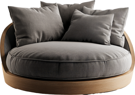 Round grey cushioned armchair with wooden base, minimalist furniture design concept