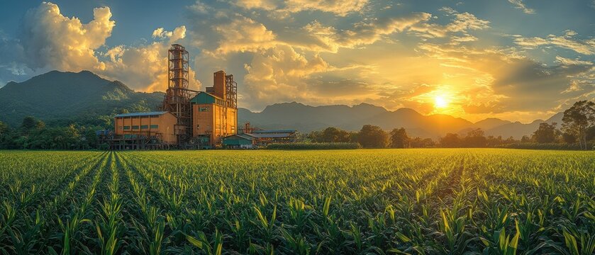 Overhead perspective of a sugar factory amidst lush sugarcane fields, showcasing a sleek industrial design and organized surroundings