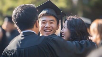 A young man in a graduation gown smiles and hugs his parents.