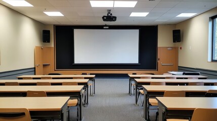 Empty classroom with projector screen, desks and chairs.