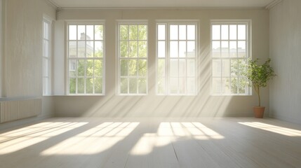 Obraz premium Empty room with large windows and sunlight streaming in.