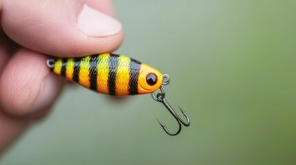 Close up view of a brightly colored fishing lure with a vibrant yellow black and orange pattern contrasting against the natural surroundings of a lush green background with a deep depth of field