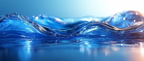 A close-up view of shimmering blue water waves under soft lighting.