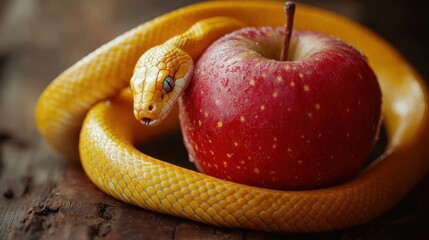 A yellow snake coiled around a red apple on a wooden surface.