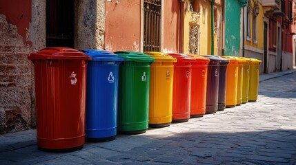 Row of recycle trash can with different colors standing on street different colors