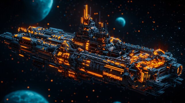 Explore the colossal sci-fi space warship with advanced weaponry in a stunning double-exposure artwork