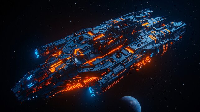 Explore the colossal sci-fi space warship equipped with advanced weaponry in a stunning double-exposure visual