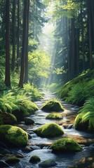 Obraz premium A clear mountain stream winding through a dense pine forest