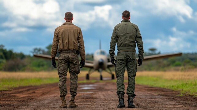 Pilot in uniform communicating with ground staff near the airstrip before takeoff after routine check in with deep depth of field  Concept of aviation flight travel and transportation logistics