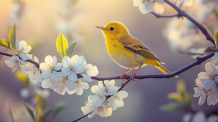 Yellow warbler bird perched on the branches filled with white flowers