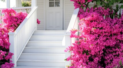 White porch steps with bright pink flowers blooming on each side of the steps.
