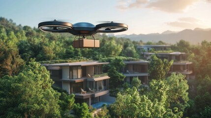 A drone carrying a package flies over a green, hilly landscape with modern homes.
