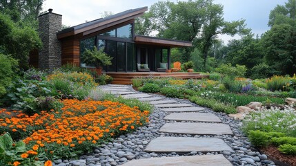 Obraz premium Elegant garden design featuring vibrant flowering bushes, winding stone pathways, and a sleek minimalist home exterior