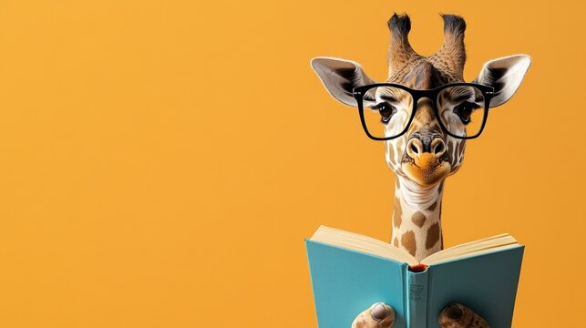 A giraffe wearing glasses reads a book against a bright yellow background.
