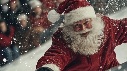 Santa Claus snowboarding at a ski resort, people in holiday attire watching, Snowboarding Santa Claus, festive crowd