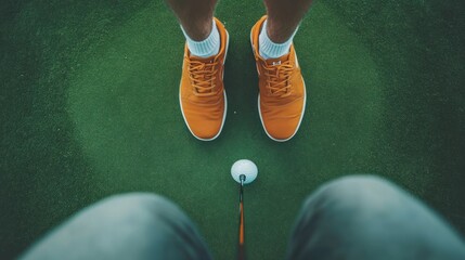 A golfer's perspective on a golf course, showing their feet in orange shoes, the golf ball, and the club.