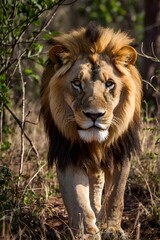 Naklejka premium Majestic Lion Staring Intently in African Wilderness