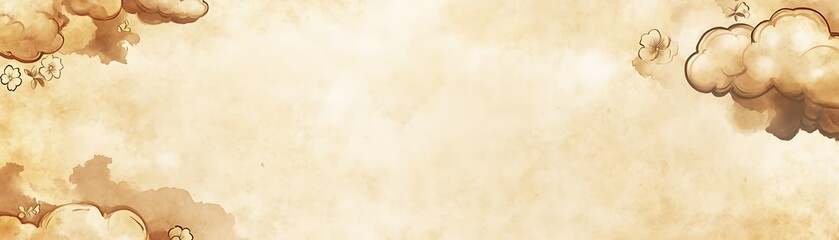 Obraz premium Hand drawn cloud with cloud and flower pattern. Oriental decoration with logo design, flyer, banner or presentation in vintage style. Brown watercolor texture