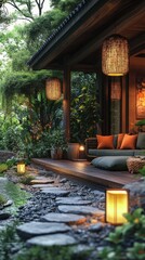 Fototapeta premium Cozy patio in a lush garden, ambient lighting enhances the stylish home atmosphere, inviting and serene outdoor retreat