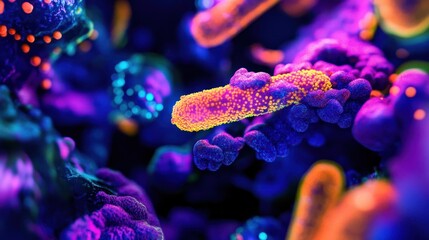 Obraz premium A vibrant, abstract rendering of colorful bacteria, microbes, or other microscopic organisms.