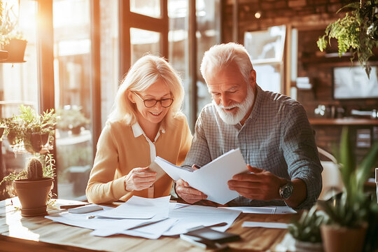 Happy senior business partners working together in modern office, reviewing documents and discussing financial matters
