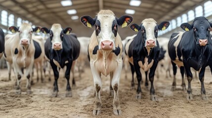 Obraz premium Cows lined up in the milking parlor ready for the morning milk production with a deep depth of field showcasing the serene and peaceful atmosphere of a dairy farm