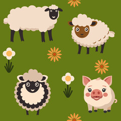 Sheep and pig seamless pattern