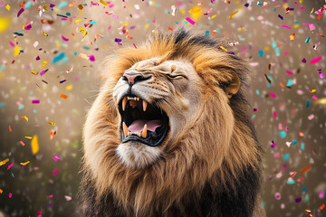 party and birhtday background -male lion having fun in confetti rain