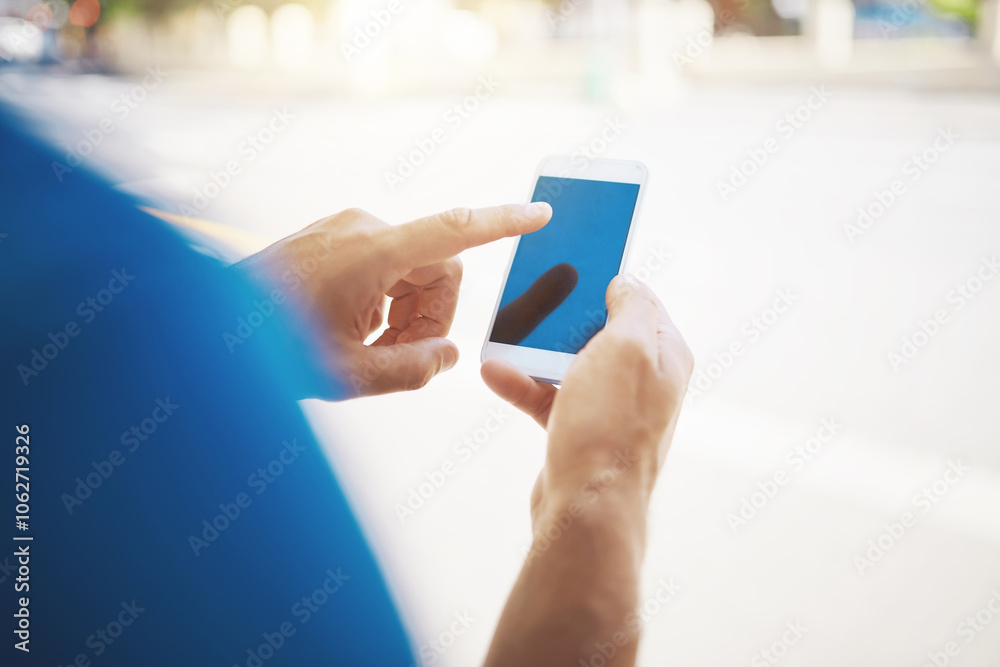 Poster man, hands or touch with phone screen in city for travel, commute or navigation on transport app. cl
