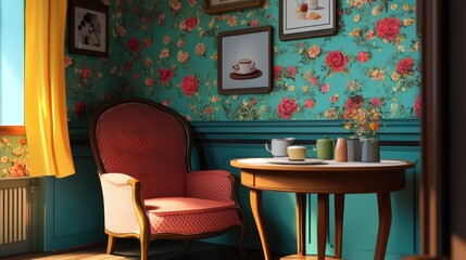 Cozy vintage corner with floral wallpaper and charm