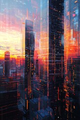 A cityscape at dusk, skyscrapers reflecting the sky with digital data streams floating above them. The buildings have glass facades.