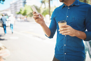 Man, hands or coffee with phone in city for travel, destination or browsing navigation app. Closeup, male person or tourist with mobile smartphone or drink on sidewalk for news or location in town