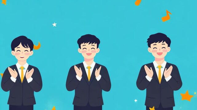 Three men in suits are clapping their hands with smiles on their faces against a blue background with gold stars
