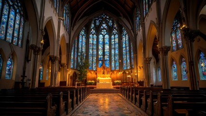 Fototapeta premium Night Photography of a Majestic Church Interior Capturing Gothic Architecture, Stained Glass Windows, Candlelight Ambiance, and Serene Atmosphere for Spiritual Reflections and Tranquility